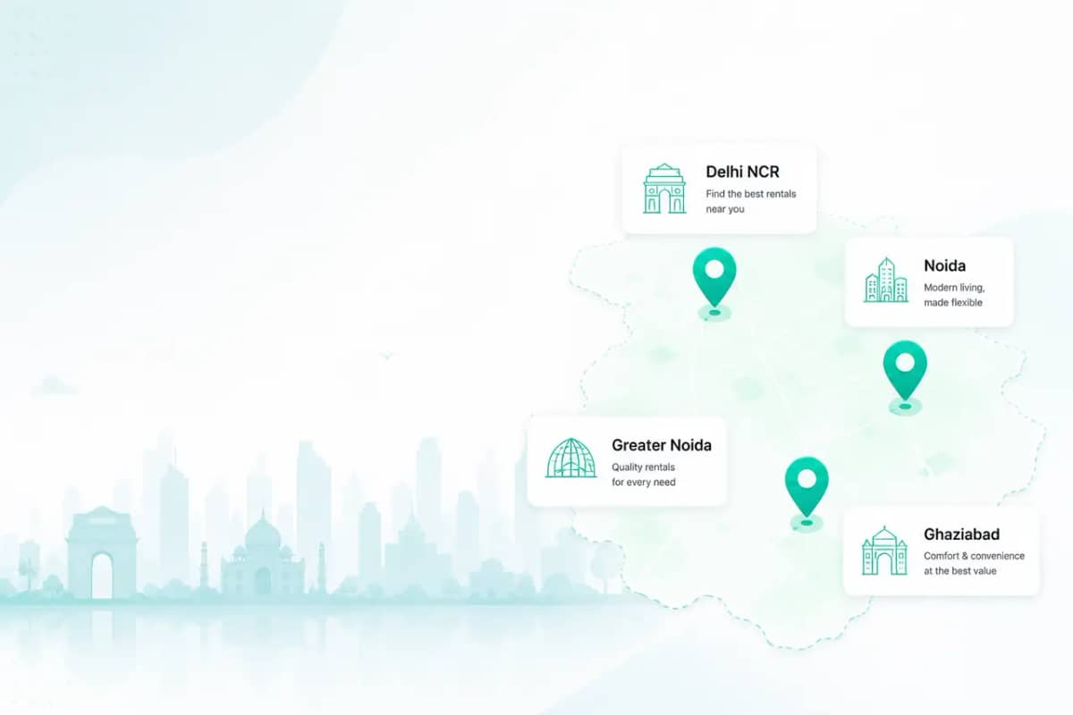 RentoCloud city selection map covering Noida, Ghaziabad and Greater Noida